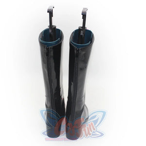 A pair of glossy black mid-calf cosplay boots with zippers at the back, displayed on stands against a white background.