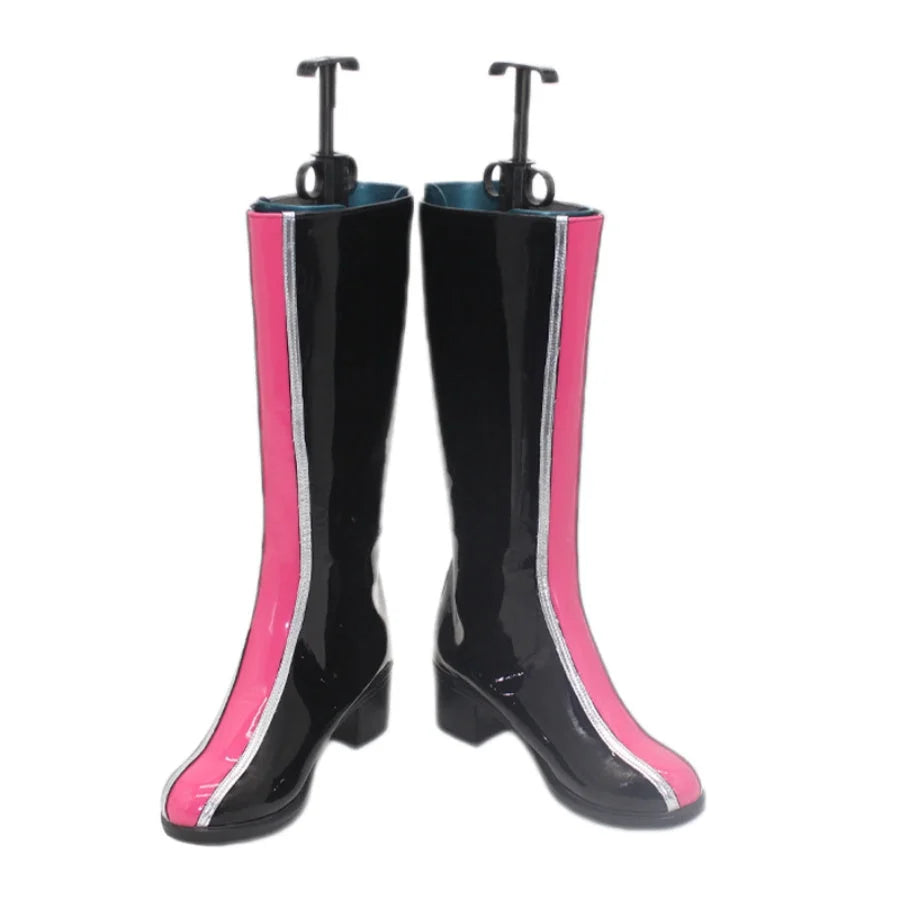 Black mid - calf cosplay boots featuring pink and silver side stripes, shown on stands, with a white backdrop.