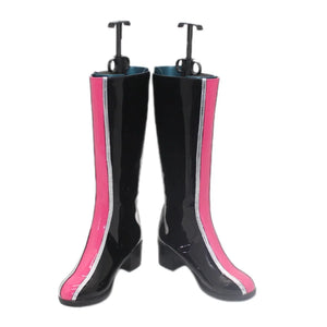 Black mid - calf cosplay boots featuring pink and silver side stripes, shown on stands, with a white backdrop.