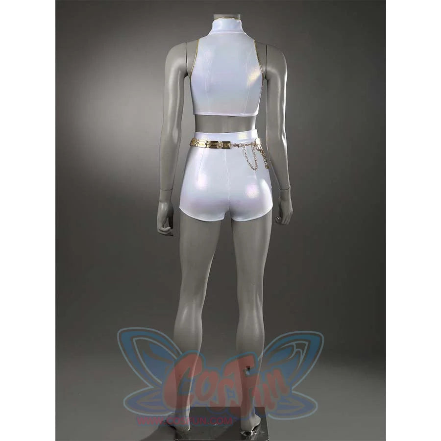 Back view of the white stage costume, showcasing the high - neck top, shorts, and the gracefully hanging gold belt chains. 