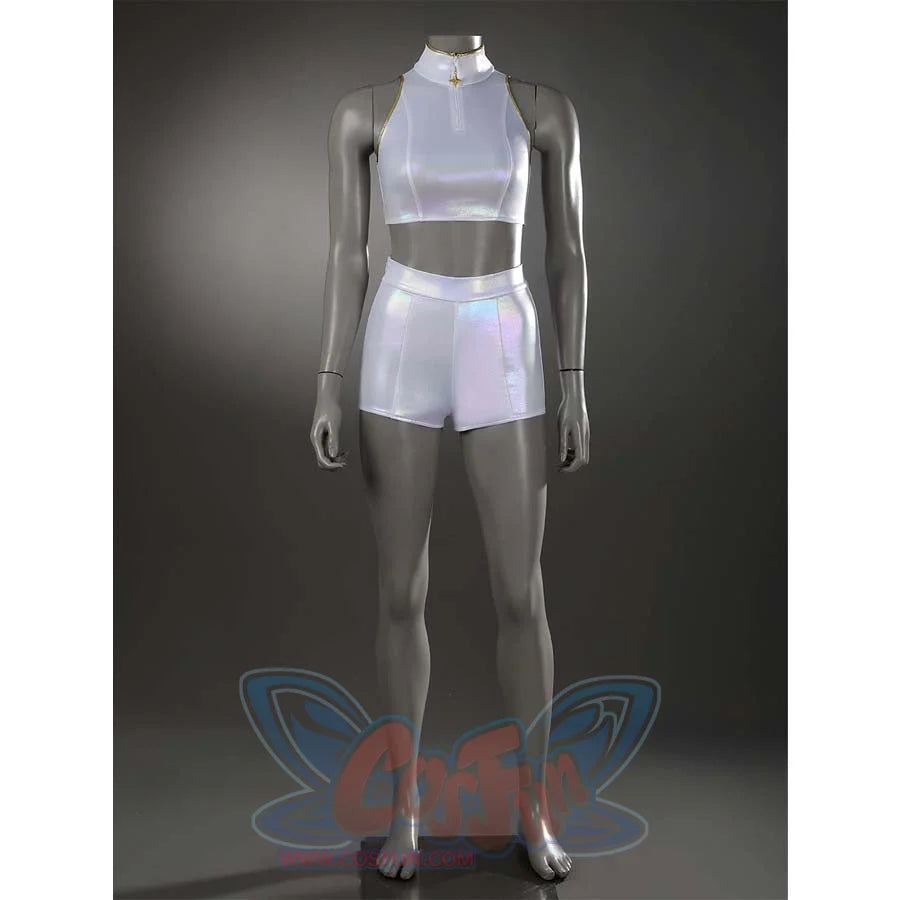 Front view of the plain white stage costume, highlighting the clean silhouette of the iridescent high - neck top and shorts.