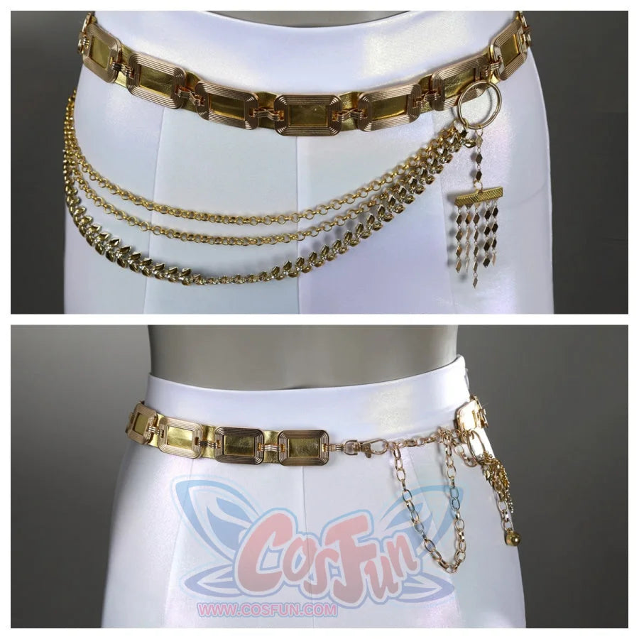 Close-up of a gold belt with multiple chains and a pendant,highlighting its intricate design. 