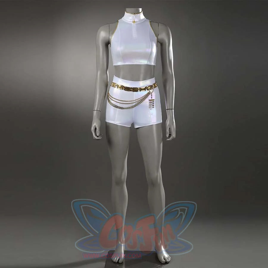 Shows a white stage costume set high-neck sleeveless crop top + shorts paired with a decorative gold chain belt, presenting a cohesive performance look. 