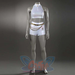 Shows a white stage costume set high-neck sleeveless crop top + shorts paired with a decorative gold chain belt, presenting a cohesive performance look. 
