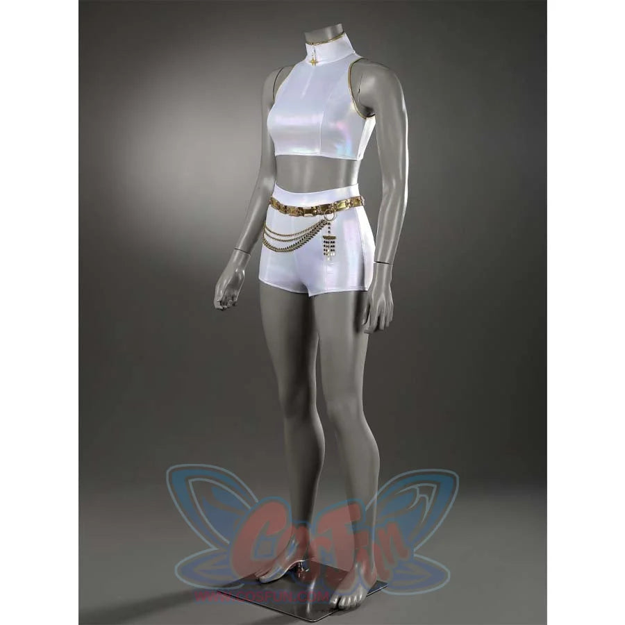 Side view of the white stage outfit, highlighting the sleek fit and the gold belt chains that add detail to the high-neck top and shorts. 