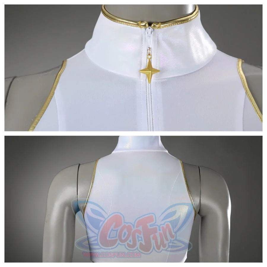 Detail of the high - neck top’s collar, featuring gold piping and a star - shaped zipper pull, adding elegance to the design.