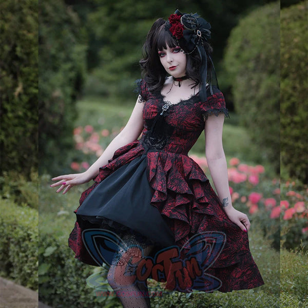 women's dark red and black off the shoulder dress gothic Gothic Winter Ruffle Dress  Deep Red High-low Hem, Off-shoulder Elegance