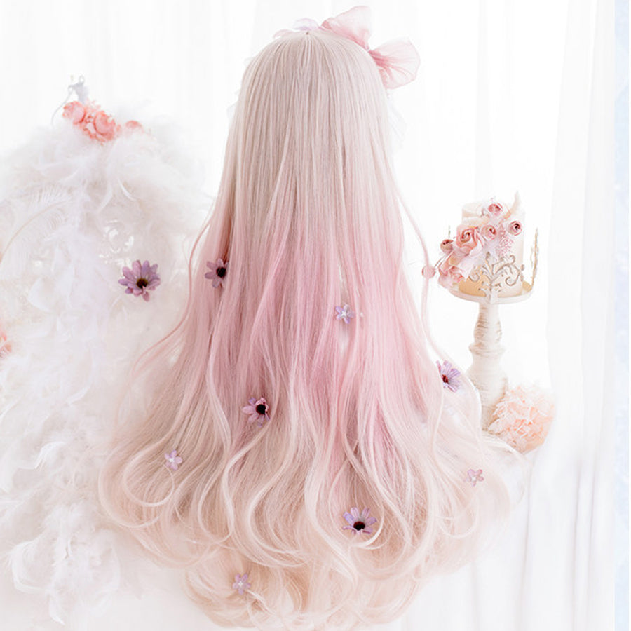 Back view of women's long pink ombre curly synthetic wig on mannequin, 60cm length