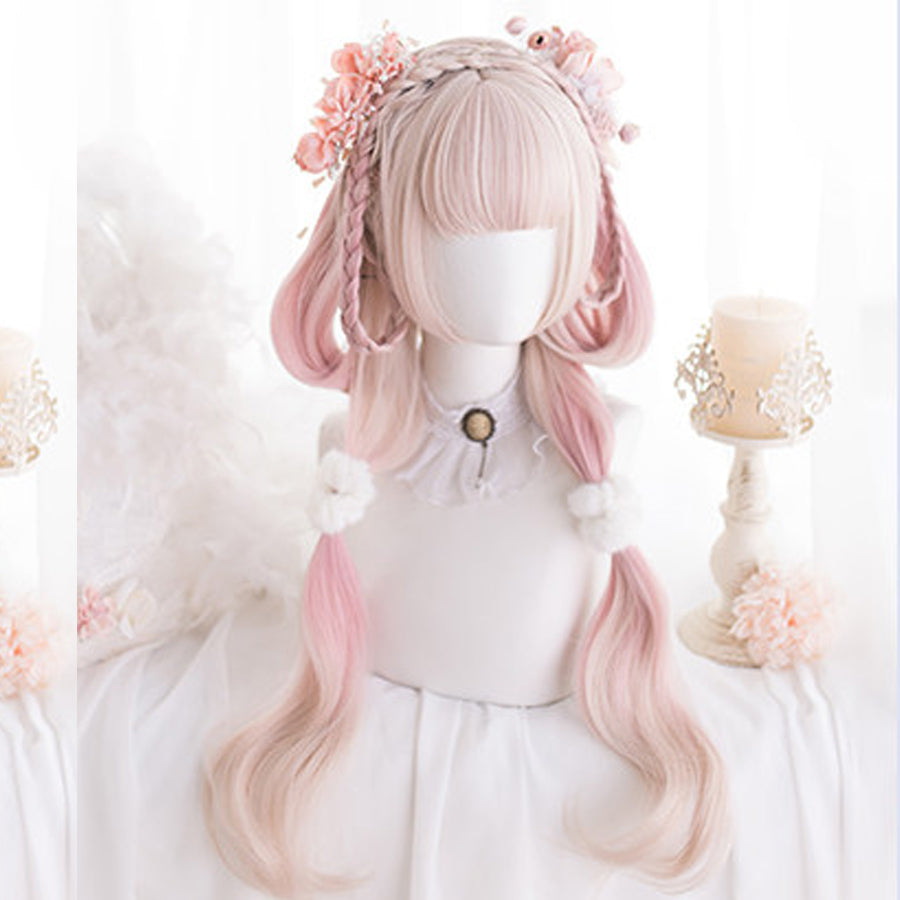 Front view of long pink ombre curly cosplay wig showing full length and layered curls