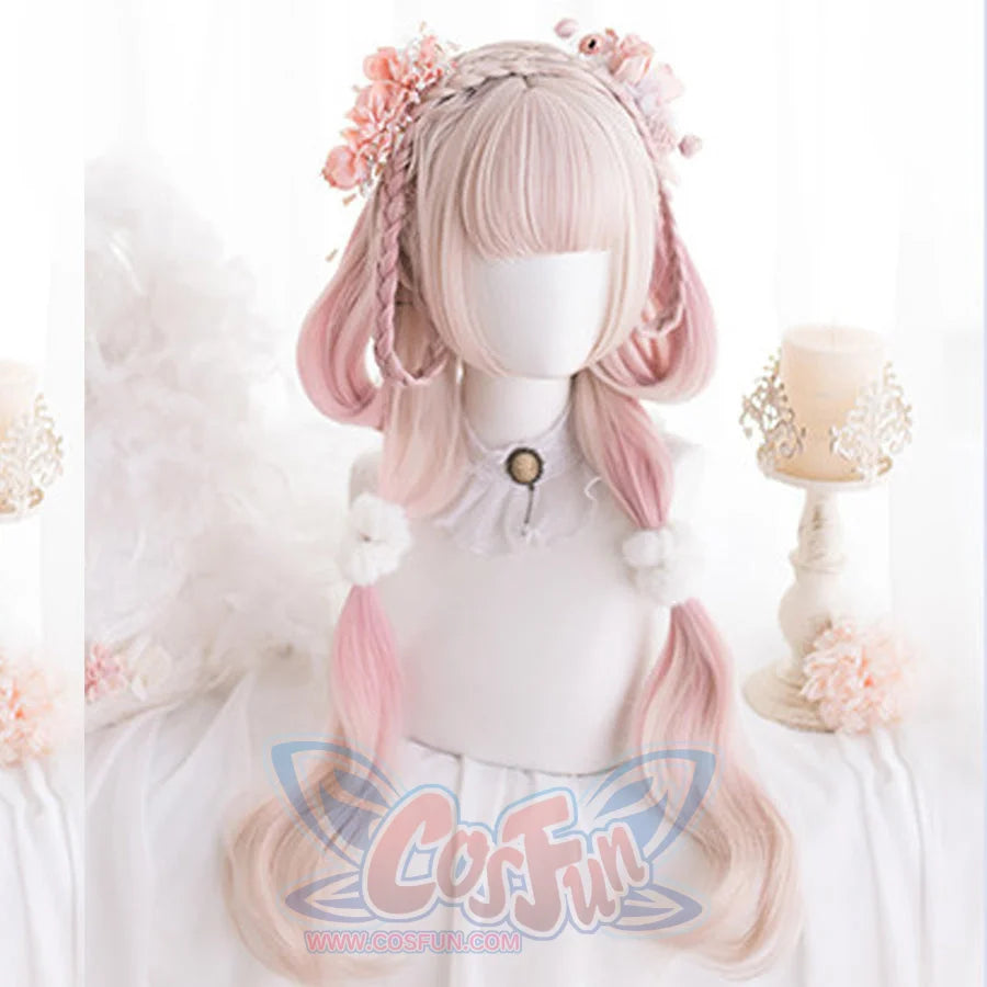Front view of long pink ombre curly cosplay wig showing full length and layered curls