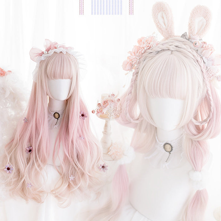 Women's long pink ombre curly Lolita cosplay wig styled with bunny accessories