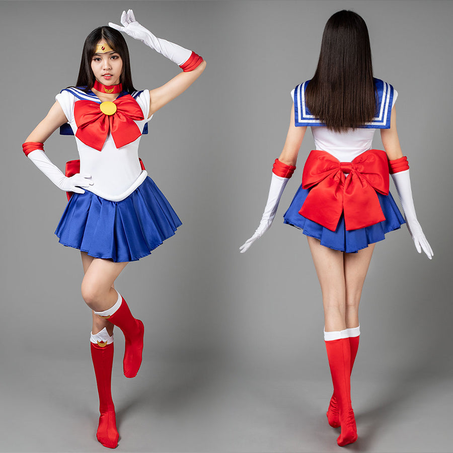 Tsukino Usagi Serena cosplay dress layers a blue sailor collar over a white pleated skirt anchored by red front bow.