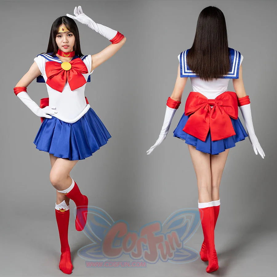 Tsukino Usagi Serena cosplay dress layers a blue sailor collar over a white pleated skirt anchored by red front bow.