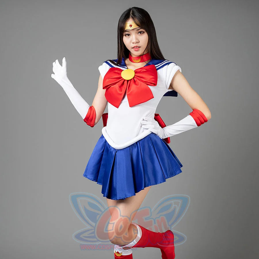 Tsukino Usagi Serena cosplay set pairs a sailor-style top and pleated skirt balanced by gloves and a choker.