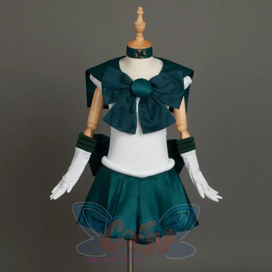 The costume is shown on a mannequin from the front, presenting the overall design with its dark green and white color scheme.