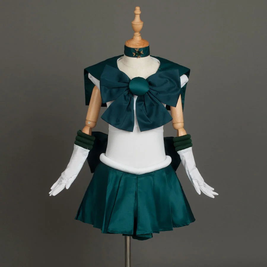 The costume is shown on a mannequin from the front, presenting the overall design with its dark green and white color scheme.