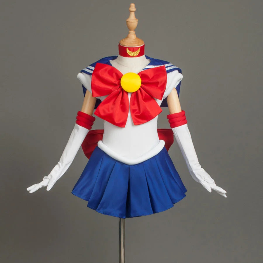 Tsukino Usagi Serena cosplay uniform frames a red front bow against a white satin bodice trimmed in blue sailor collar.