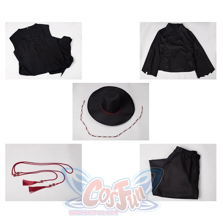 Saja Boys Cosplay Costume: black clothing items including coat, inner clothing, pants, hat, and waist ornament.