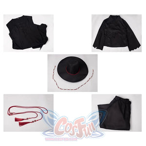 Saja Boys Cosplay Costume: black clothing items including coat, inner clothing, pants, hat, and waist ornament.