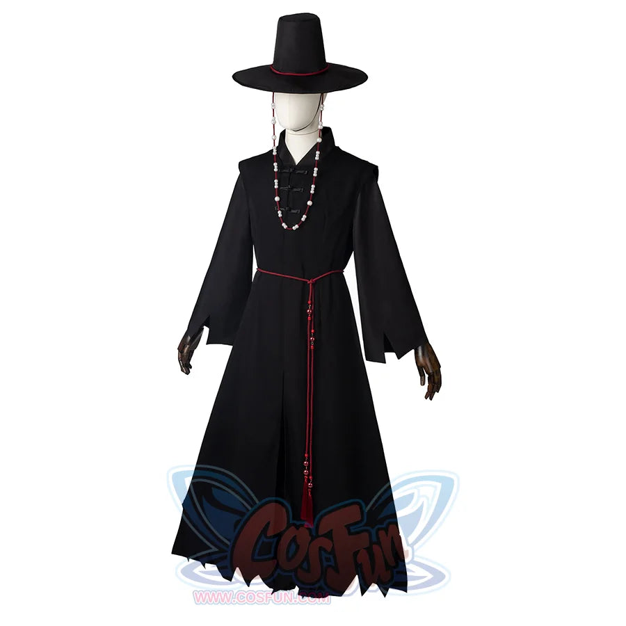 Saja boys cosplay costume set: Black long coat with red belt on a mannequin, front view