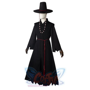 Saja Boys Cosplay Costume Outfit'side view, the main body of the robe is black, the coat is a sleeveless robe, with a red waist-cinching design and traditional buckles, sleeves with rips.