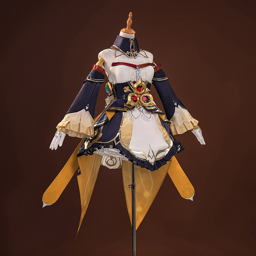 Sandrone cosplay costume three-quarter view on mannequin, highlighting the chest emblem, collar detail, and layered skirt