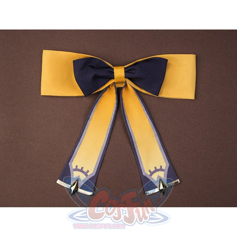 Sandrone cosplay costume back bow accessory in gold and navy blue with decorative tails and gold-tipped ends