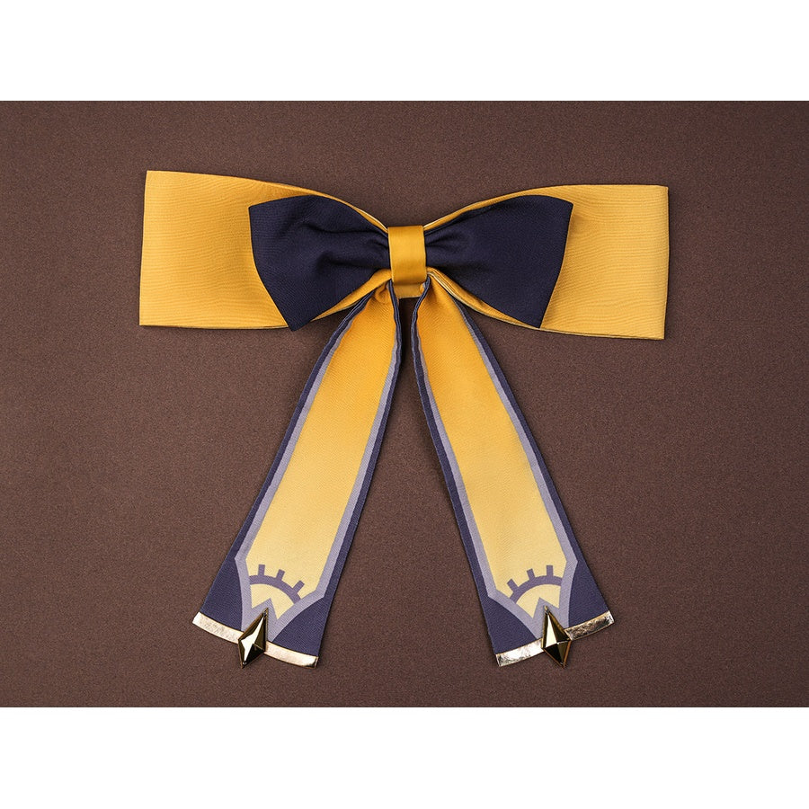 Sandrone cosplay costume back bow accessory in gold and navy blue with decorative tails and gold-tipped ends
