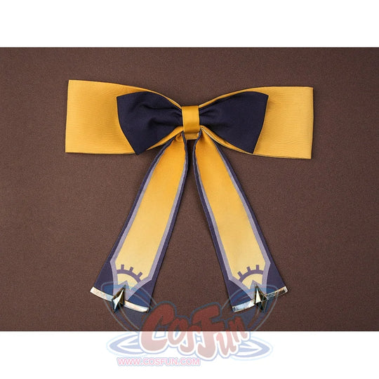Sandrone cosplay costume back bow accessory in gold and navy blue with decorative tails and gold-tipped ends