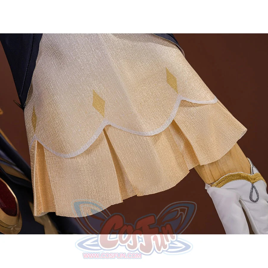 Sandrone cosplay costume back bow panel detail showing cream gold layered ruffles with scalloped edges and gold diamond accents