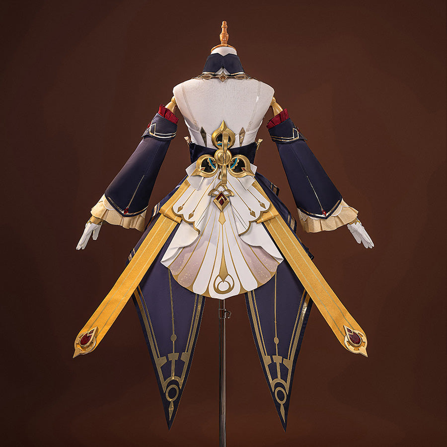 Sandrone cosplay costume back view on mannequin, showing ornate back decoration, gold embellishments, and layered skirt panels