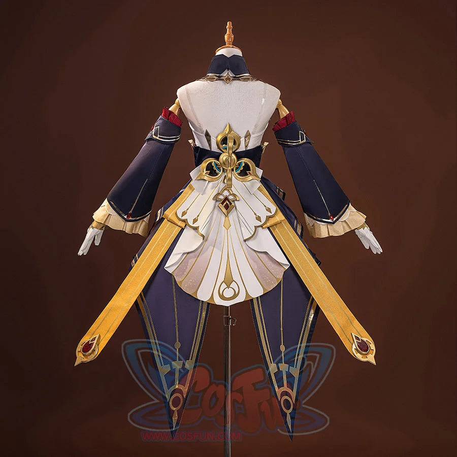 Sandrone cosplay costume full front view on mannequin, featuring navy jacket, white dress, gold wing panels, and red gem detail