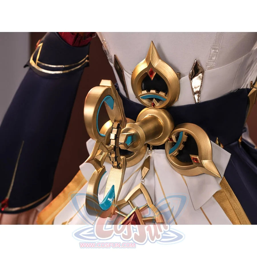 Sandrone cosplay costume back waist ornament closeup showing intricate gold piece with teal inlay and red gem accents