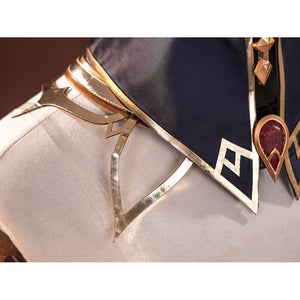 Sandrone cosplay costume chest detail with gold geometric trim, navy collar, and red teardrop gem brooch on white jacket