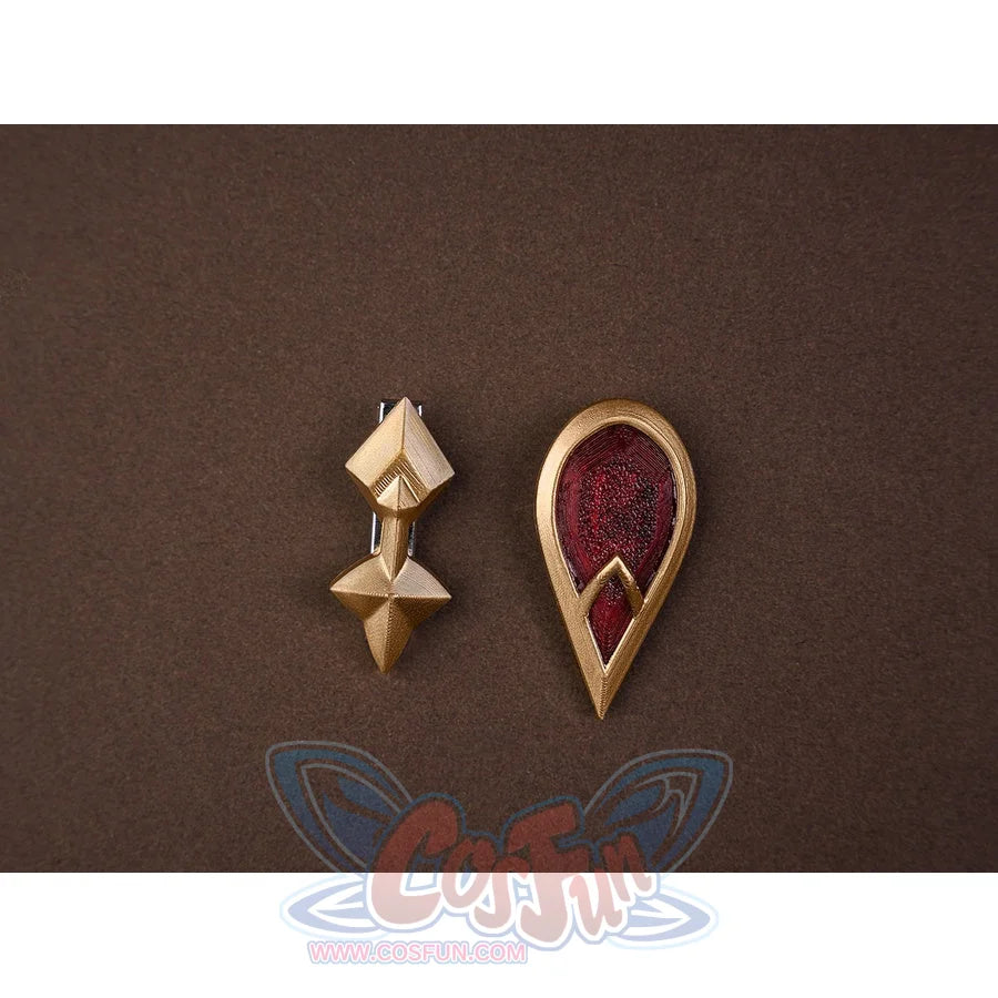 Sandrone cosplay costume collar accessories including a gold diamond-shaped pin and red teardrop gem brooch with gold frame