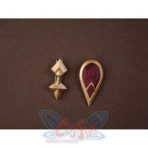 Sandrone cosplay costume collar accessories including a gold diamond-shaped pin and red teardrop gem brooch with gold frame