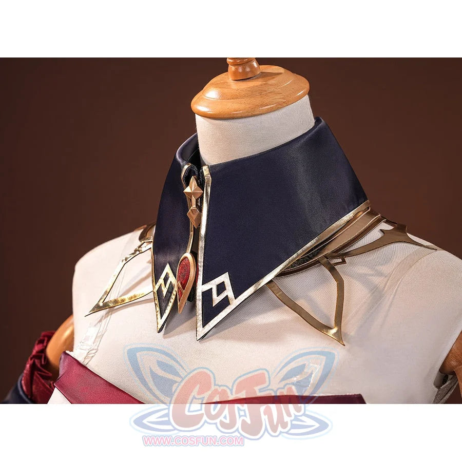 Sandrone cosplay costume collar closeup showing navy blue cape collar with gold trim, diamond accent, and red gem detail