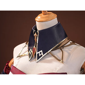 Sandrone cosplay costume collar closeup showing navy blue cape collar with gold trim, diamond accent, and red gem detail