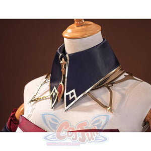 Sandrone cosplay costume collar closeup showing navy blue cape collar with gold trim, diamond accent, and red gem detail