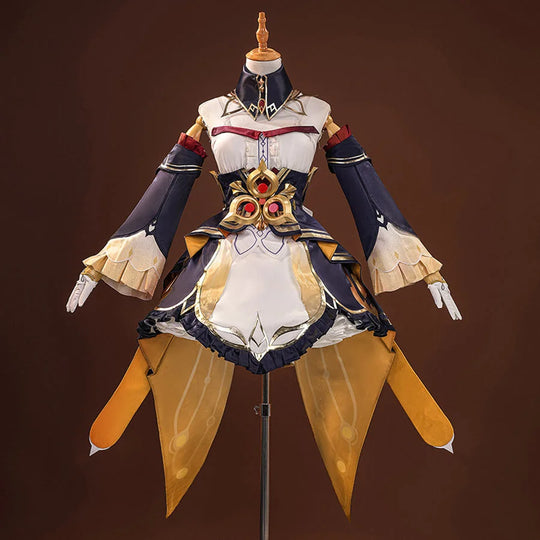 Sandrone cosplay costume full front view on mannequin, featuring navy jacket, white dress, gold wing panels, and red gem detail
