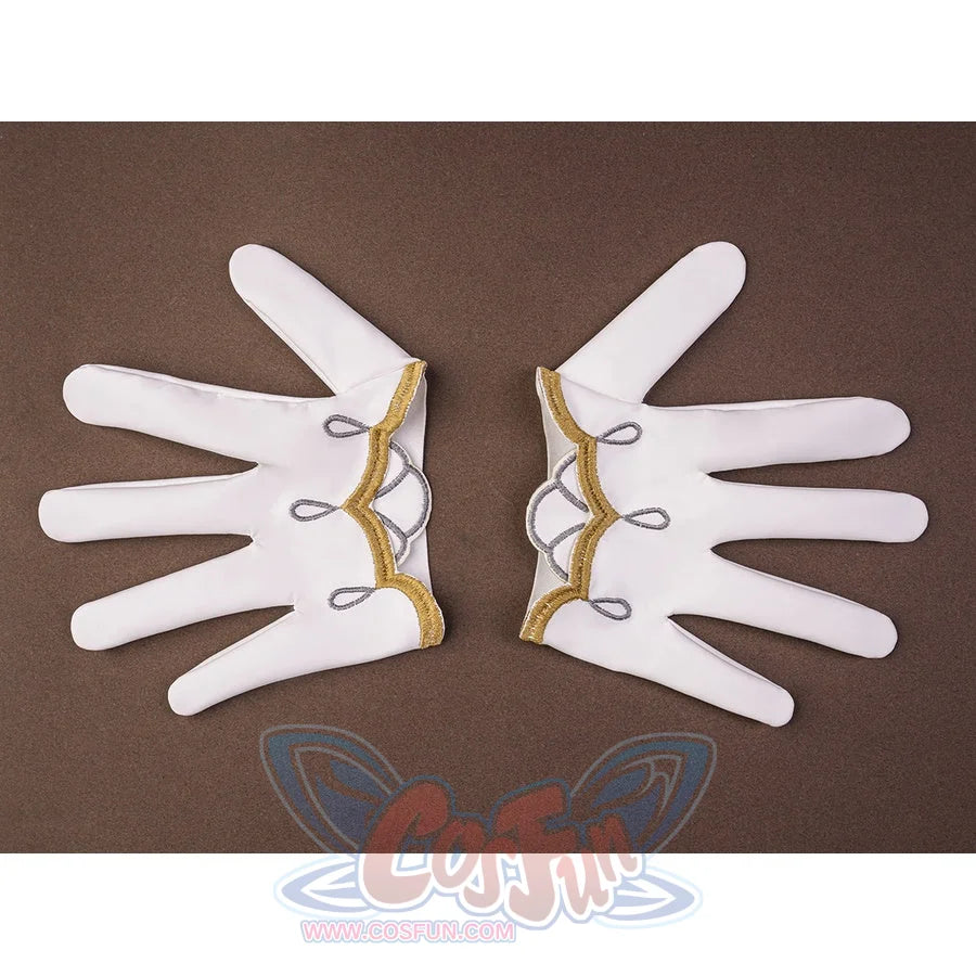 Sandrone cosplay costume gloves pair laid flat showing white fabric with gold scalloped trim and grey loop bow embroidery