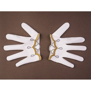 Sandrone cosplay costume gloves pair laid flat showing white fabric with gold scalloped trim and grey loop bow embroidery