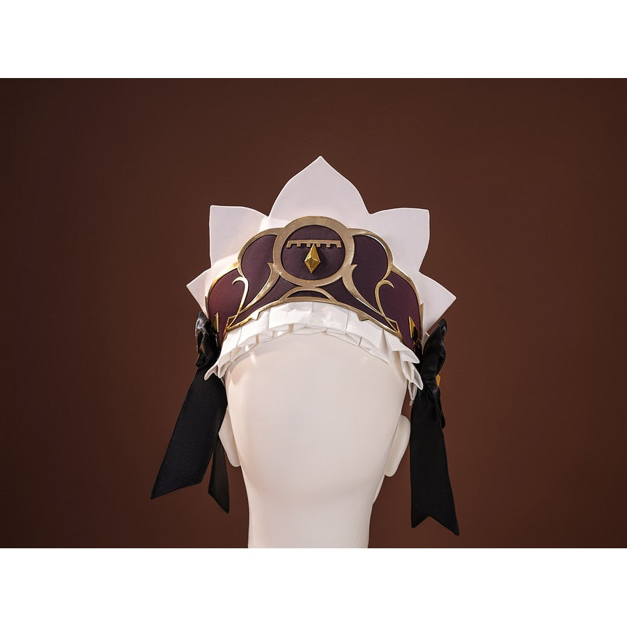 Sandrone cosplay headdress closeup showing dark maroon hat with gold emblem, white ruffle trim, and black ribbon ties