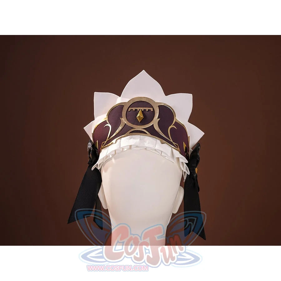 Sandrone cosplay headdress closeup showing dark maroon hat with gold emblem, white ruffle trim, and black ribbon ties