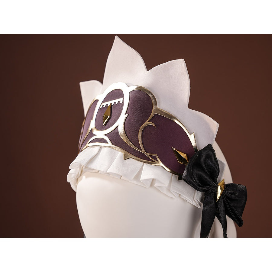 Sandrone cosplay headdress side angle showing maroon hat piece with gold trim, white ruffle collar, and black bow accessory