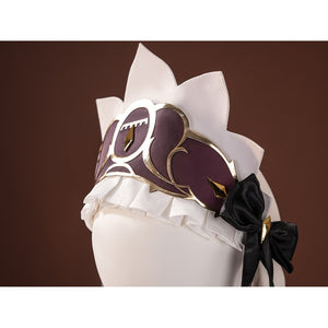 Sandrone cosplay headdress side angle showing maroon hat piece with gold trim, white ruffle collar, and black bow accessory