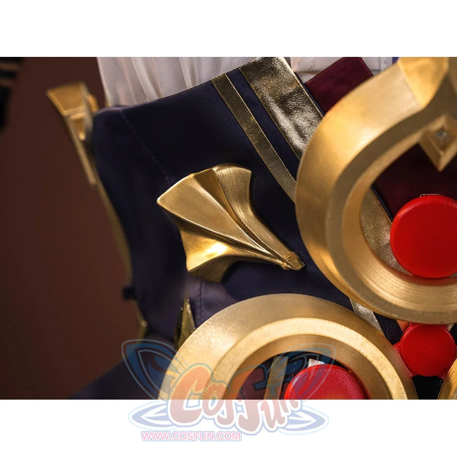 Sandrone cosplay costume hip ornament side detail showing gold circular rings, red gem buttons, and fan-shaped gold accent