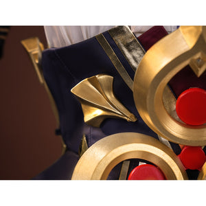 Sandrone cosplay costume hip ornament side detail showing gold circular rings, red gem buttons, and fan-shaped gold accent