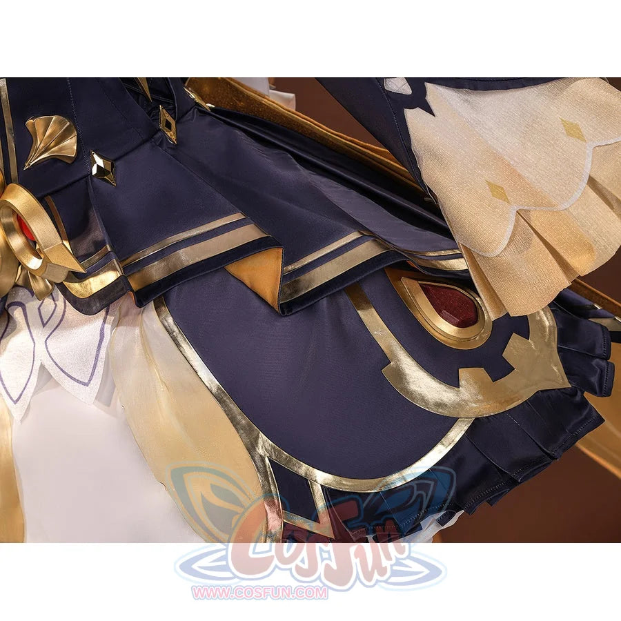 Sandrone cosplay hip side showing navy fabric with gold trim, circular gold ornament with red gem, and ginkgo leaf accent