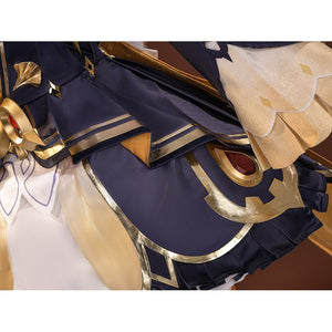 Sandrone cosplay hip side showing navy fabric with gold trim, circular gold ornament with red gem, and ginkgo leaf accent